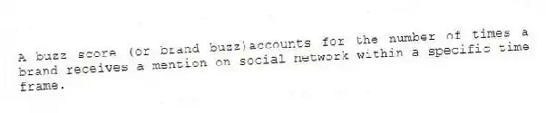 A buzz score (or brand buzz)accounts for the number of times a brand receives a mention on social network within a specific time frame.