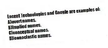 Lucent Technologies and Google are examples of:
A)overt names.
B)implied names.
C)conceptual names.
D)iconoclastic names.