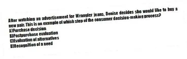 After watching an advertisement for Wrangler jeans, Denise decides she would like to buy a new pair. This is an example of which step of the consumer decision-making process?
A)Purchase decision
B)Postpurchase evaluation
C)Evaluation of alternatives
D)Recognition of a need