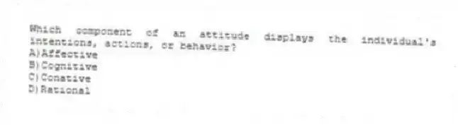 Which component of an attitude displays the individual's intentions, actions, or behavior?
A)Affective
B)Cognitive
C)Conative
D)Rational