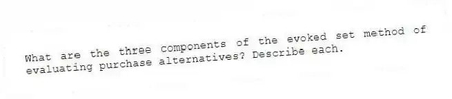 What are the three components of the evoked set method of evaluating purchase alternatives? Describe each.