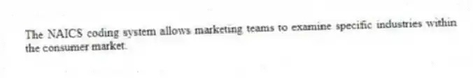 The NAICS coding system allows marketing teams to examine specific industries within the consumer market.