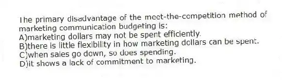 The primary disadvantage of the meet-the-competition method of marketing communication budgeting is:
A)marketing dollars may not be spent efficiently.
B)there is little flexibility in how marketing dollars can be spent.
C)when sales go down, so does spending.
D)it shows a lack of commitment to marketing.