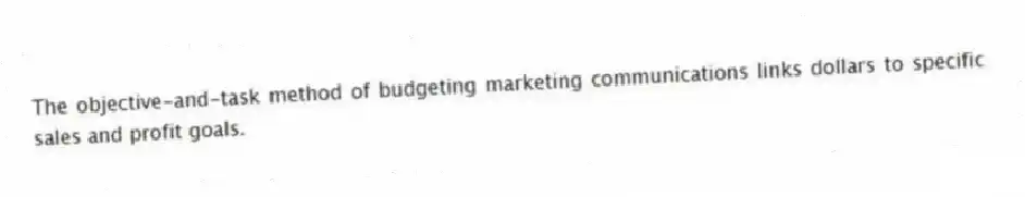 The objective-and-task method of budgeting marketing communications links dollars to specific sales and profit goals.