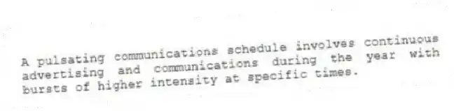 A pulsating communications schedule involves continuous advertising and communications during the year with bursts of higher intensity at specific times.