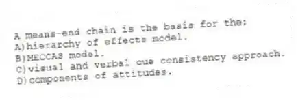 A means-end chain is the basis for the:
A)hierarchy of effects model.
B)MECCAS model.
C)visual and verbal cue consistency approach.
D)components of attitudes.