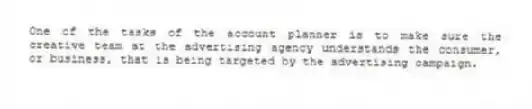 One of the tasks of the account planner is to make sure the creative team at the advertising agency understands the consumer, or business, that is being targeted by the advertising campaign.