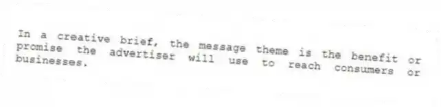 In a creative brief, the message theme is the benefit or promise the advertiser will use to reach consumers or businesses.