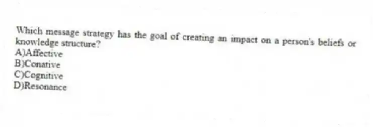 Which message strategy has the goal of creating an impact on a person's beliefs or knowledge structure?
A)Affective
B)Conative
C)Cognitive
D)Resonance