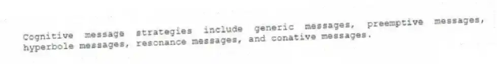 Cognitive message strategies include generic messages, preemptive messages, hyperbole messages, resonance messages, and conative messages.