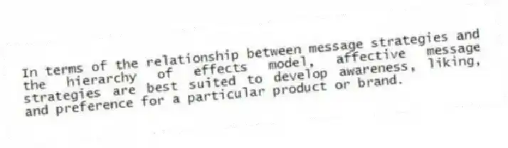 In terms of the relationship between message strategies and the hierarchy of effects model, affective message strategies are best suited to develop awareness, liking, and preference for a particular product or brand.