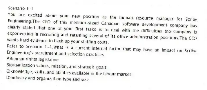 Scenario 1-1
You are excited about your new position as the human resource manager for Scribe Engineering.The CEO of this medium-sized Canadian software development company has clearly stated that one of your first tasks is to deal with the difficulties the company is experiencing in recruiting and retaining several of its office administration positions.The CEO wants hard evidence to back up your staffing costs.
-Refer to Scenario 1-1.What is a current internal factor that may have an impact on Scribe Engineering's recruitment and selection practices
A)human rights legislation
B)organization values, mission, and strategic goals
C)knowledge, skills, and abilities available in the labour market
D)industry and organization type and size