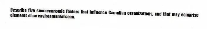 Describe five socioeconomic factors that influence Canadian organizations, and that may comprise elements of an environmental scan.