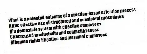 What is a potential outcome of a practice-based selection process
A)the effective use of structured and consistent procedures
B)a defensible system with effective employees
C)increased productivity and competitiveness
D)human rights litigation and marginal employees