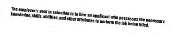 The employer's goal in selection is to hire an applicant who possesses the necessary knowledge, skills, abilities, and other attributes to perform the job being filled.