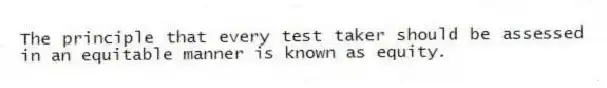 The principle that every test taker should be assessed in an equitable manner is known as equity.