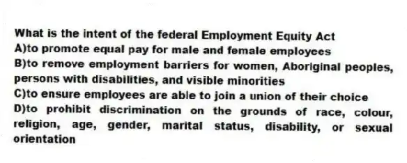 What is the intent of the federal Employment Equity Act
A)to promote equal pay for male and female employees
B)to remove employment barriers for women, Aboriginal peoples, persons with disabilities, and visible minorities
C)to ensure employees are able to join a union of their choice
D)to prohibit discrimination on the grounds of race, colour, religion, age, gender, marital status, disability, or sexual orientation