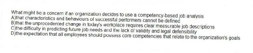 What might be a concern if an organization decides to use a competency-based job analysis
A)that characteristics and behaviours of successful performers cannot be defined
B)that the unprecedented change in today's workplace requires clear measurable job descriptions
C)the difficulty in predicting future job needs and the lack of validity and legal defensibility
D)the expectation that all employees should possess core competencies that relate to the organization's goals