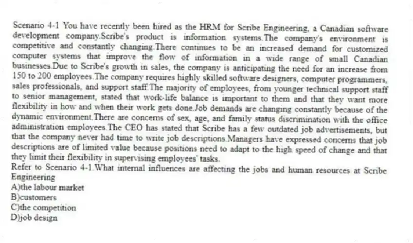 Scenario 4-1 You have recently been hired as the HRM for Scribe Engineering, a Canadian software development company.Scribe's product is information systems.The company's environment is competitive and constantly changing.There continues to be an increased demand for customized computer systems that improve the flow of information in a wide range of small Canadian businesses.Due to Scribe's growth in sales, the company is anticipating the need for an increase from 150 to 200 employees.The company requires highly skilled software designers, computer programmers, sales professionals, and support staff.The majority of employees, from younger technical support staff to senior management, stated that work-life balance is important to them and that they want more flexibility in how and when their work gets done.Job demands are changing constantly because of the dynamic environment.There are concerns of sex, age, and family status discrimination with the office administration employees.The CEO has stated that Scribe has a few outdated job advertisements, but that the company never had time to write job descriptions.Managers have expressed concerns that job descriptions are of limited value because positions need to adapt to the high speed of change and that they limit their flexibility in supervising employees' tasks.
-Refer to Scenario 4-1.What internal influences are affecting the jobs and human resources at Scribe Engineering
A)the labour market
B)customers
C)the competition
D)job design
