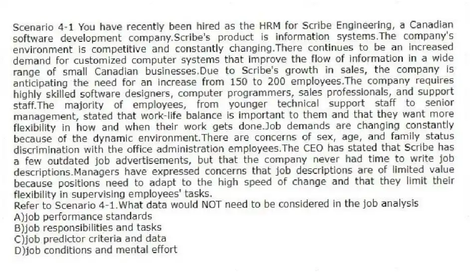 Scenario 4-1 You have recently been hired as the HRM for Scribe Engineering, a Canadian software development company.Scribe's product is information systems.The company's environment is competitive and constantly changing.There continues to be an increased demand for customized computer systems that improve the flow of information in a wide range of small Canadian businesses.Due to Scribe's growth in sales, the company is anticipating the need for an increase from 150 to 200 employees.The company requires highly skilled software designers, computer programmers, sales professionals, and support staff.The majority of employees, from younger technical support staff to senior management, stated that work-life balance is important to them and that they want more flexibility in how and when their work gets done.Job demands are changing constantly because of the dynamic environment.There are concerns of sex, age, and family status discrimination with the office administration employees.The CEO has stated that Scribe has a few outdated job advertisements, but that the company never had time to write job descriptions.Managers have expressed concerns that job descriptions are of limited value because positions need to adapt to the high speed of change and that they limit their flexibility in supervising employees' tasks.
-Refer to Scenario 4-1.What data would NOT need to be considered in the job analysis
A)job performance standards
B)job responsibilities and tasks
C)job predictor criteria and data
D)job conditions and mental effort