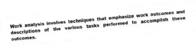 Work analysis involves techniques that emphasize work outcomes and descriptions of the various tasks performed to accomplish these outcomes.