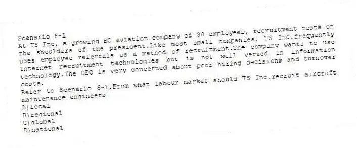 Scenario 6-1
At TS Inc, a growing BC aviation company of 30 employees, recruitment rests on the shoulders of the president.Like most small companies, TS Inc.frequently uses employee referrals as a method of recruitment.The company wants to use Internet recruitment technologies but is not well versed in information technology.The CEO is very concerned about poor hiring decisions and turnover costs.
-Refer to Scenario 6-1.From what labour market should TS Inc.recruit aircraft maintenance engineers
A)local
B)regional
C)global
D)national