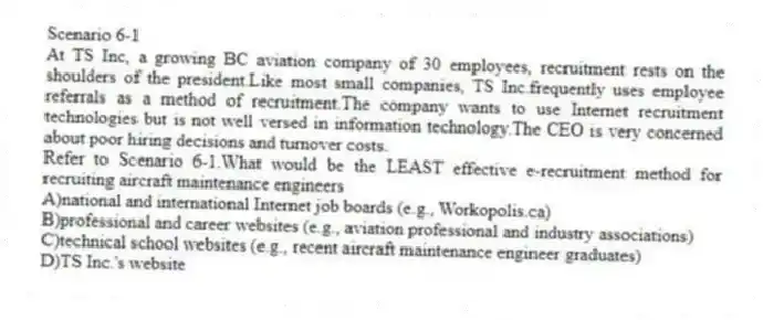 Scenario 6-1
At TS Inc, a growing BC aviation company of 30 employees, recruitment rests on the shoulders of the president.Like most small companies, TS Inc.frequently uses employee referrals as a method of recruitment.The company wants to use Internet recruitment technologies but is not well versed in information technology.The CEO is very concerned about poor hiring decisions and turnover costs.
-Refer to Scenario 6-1.What would be the LEAST effective e-recruitment method for recruiting aircraft maintenance engineers
A)national and international Internet job boards (e.g., Workopolis.ca)
B)professional and career websites (e.g., aviation professional and industry associations)
C)technical school websites (e.g., recent aircraft maintenance engineer graduates)
D)TS Inc.'s website