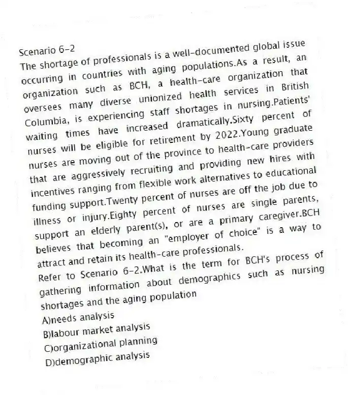 Scenario 6-2
The shortage of professionals is a well-documented global issue occurring in countries with aging populations.As a result, an organization such as BCH, a health-care organization that oversees many diverse unionized health services in British Columbia, is experiencing staff shortages in nursing.Patients' waiting times have increased dramatically.Sixty percent of nurses will be eligible for retirement by 2022.Young graduate nurses are moving out of the province to health-care providers that are aggressively recruiting and providing new hires with incentives ranging from flexible work alternatives to educational funding support.Twenty percent of nurses are off the job due to illness or injury.Eighty percent of nurses are single parents, support an elderly parent(s), or are a primary caregiver.BCH believes that becoming an "employer of choice" is a way to attract and retain its health-care professionals.
-Refer to Scenario 6-2.What is the term for BCH's process of gathering information about demographics such as nursing shortages and the aging population
A)needs analysis
B)labour market analysis
C)organizational planning
D)demographic analysis