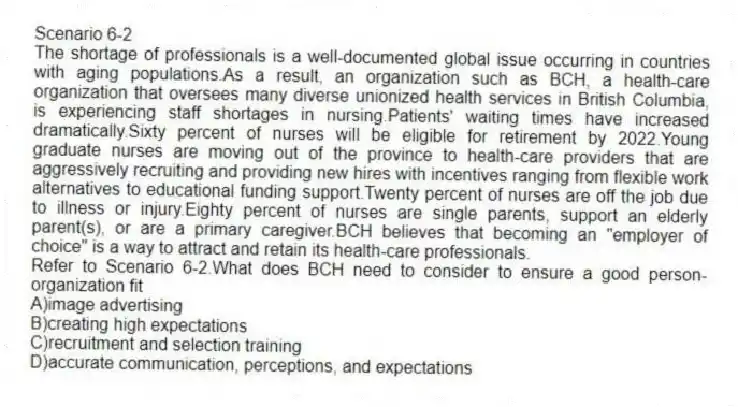 Scenario 6-2
The shortage of professionals is a well-documented global issue occurring in countries with aging populations.As a result, an organization such as BCH, a health-care organization that oversees many diverse unionized health services in British Columbia, is experiencing staff shortages in nursing.Patients' waiting times have increased dramatically.Sixty percent of nurses will be eligible for retirement by 2022.Young graduate nurses are moving out of the province to health-care providers that are aggressively recruiting and providing new hires with incentives ranging from flexible work alternatives to educational funding support.Twenty percent of nurses are off the job due to illness or injury.Eighty percent of nurses are single parents, support an elderly parent(s), or are a primary caregiver.BCH believes that becoming an "employer of choice" is a way to attract and retain its health-care professionals.
-Refer to Scenario 6-2.What does BCH need to consider to ensure a good person-organization fit
A)image advertising
B)creating high expectations
C)recruitment and selection training
D)accurate communication, perceptions, and expectations