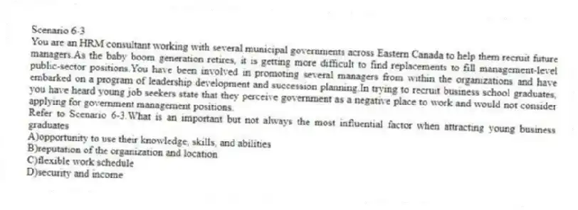 Scenario 6-3
You are an HRM consultant working with several municipal governments across Eastern Canada to help them recruit future managers.As the baby boom generation retires, it is getting more difficult to find replacements to fill management-level public-sector positions.You have been involved in promoting several managers from within the organizations and have embarked on a program of leadership development and succession planning.In trying to recruit business school graduates, you have heard young job seekers state that they perceive government as a negative place to work and would not consider applying for government management positions.
-Refer to Scenario 6-3.What is an important but not always the most influential factor when attracting young business graduates
A)opportunity to use their knowledge, skills, and abilities
B)reputation of the organization and location
C)flexible work schedule
D)security and income