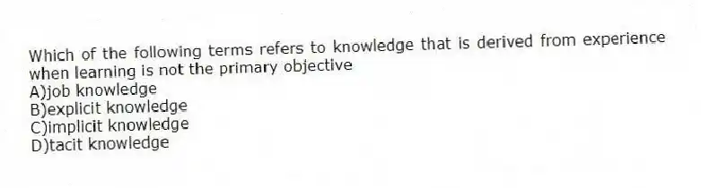 Which of the following terms refers to knowledge that is derived from experience when learning is not the primary objective
A)job knowledge
B)explicit knowledge
C)implicit knowledge
D)tacit knowledge