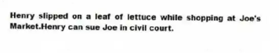 Henry slipped on a leaf of lettuce while shopping at Joe's Market.Henry can sue Joe in civil court.