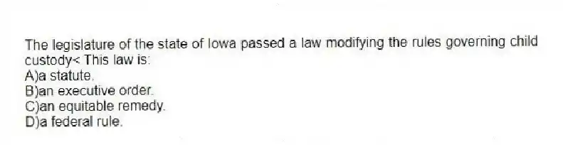 The legislature of the state of Iowa passed a law modifying the rules governing child custody< This law is:
A)a statute.
B)an executive order.
C)an equitable remedy.
D)a federal rule.