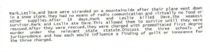 Mark,Leslie,and Dave were stranded on a mountainside after their plane went down in a snow storm.They had no means of radio communication and virtually no food or other supplies.After 18 days,Mark and Leslie killed Dave,the weakest survivor.Mark and Leslie ate Dave.This allowed them to survive until they were rescued.After they were rescued,they were charged with premeditated first degree murder under the relevant state statute.Discuss the three schools of jurisprudence and how each would influence a finding of guilt or innocence for the three charged.