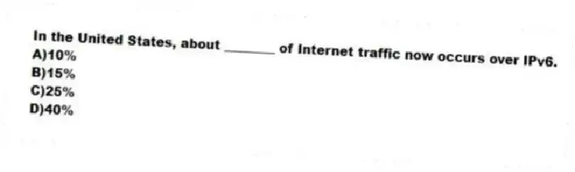 In the United States, about ________ of Internet traffic now occurs over IPv6.
A)10%
B)15%
C)25%
D)40%