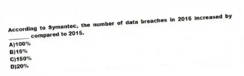 According to Symantec, the number of data breaches in 2016 increased by ________ compared to 2015.
A)100%
B)15%
C)150%
D)20%