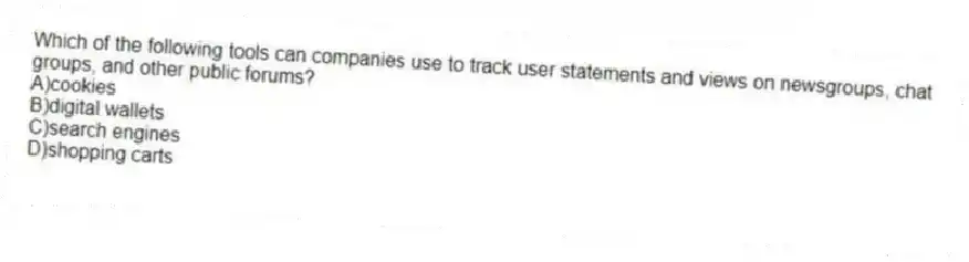 Which of the following tools can companies use to track user statements and views on newsgroups, chat groups, and other public forums?
A)cookies
B)digital wallets
C)search engines
D)shopping carts