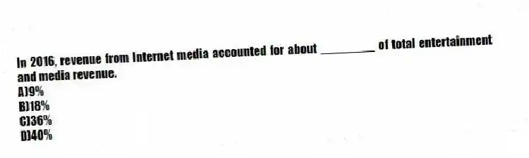 In 2016, revenue from Internet media accounted for about ________ of total entertainment and media revenue.
A)9%
B)18%
C)36%
D)40%