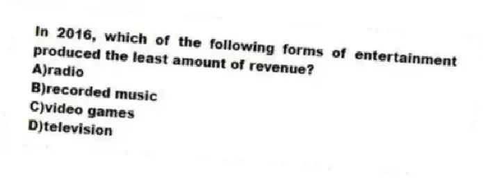 In 2016, which of the following forms of entertainment produced the least amount of revenue?
A)radio
B)recorded music
C)video games
D)television