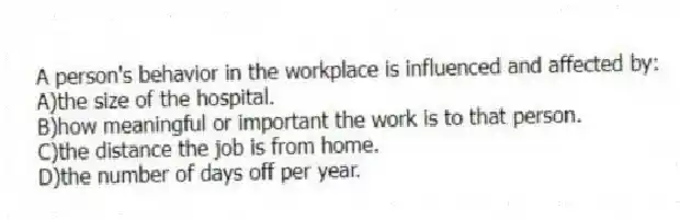 A person's behavior in the workplace is influenced and affected by:
A)the size of the hospital.
B)how meaningful or important the work is to that person.
C)the distance the job is from home.
D)the number of days off per year.