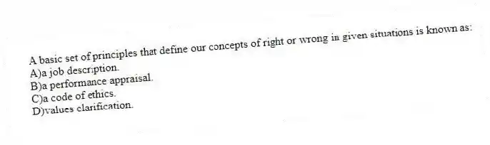 A basic set of principles that define our concepts of right or wrong in given situations is known as:
A)a job description.
B)a performance appraisal.
C)a code of ethics.
D)values clarification.