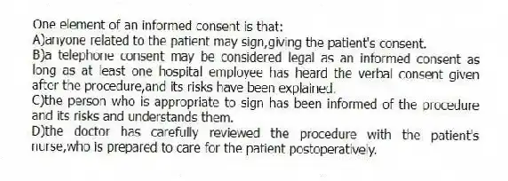 One element of an informed consent is that:
A)anyone related to the patient may sign,giving the patient's consent.
B)a telephone consent may be considered legal as an informed consent as long as at least one hospital employee has heard the verbal consent given after the procedure,and its risks have been explained.
C)the person who is appropriate to sign has been informed of the procedure and its risks and understands them.
D)the doctor has carefully reviewed the procedure with the patient's nurse,who is prepared to care for the patient postoperatively.