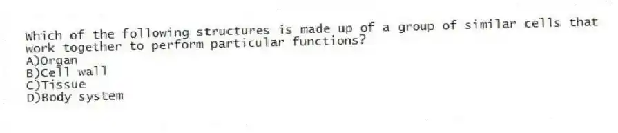 Which of the following structures is made up of a group of similar cells that work together to perform particular functions?
A)Organ
B)Cell wall
C)Tissue
D)Body system