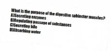 What is the purpose of the digestive sphincter muscles?
A)Secreting enzymes
B)Regulating passage of substances
C)Secreting bile
D)Absorbing water