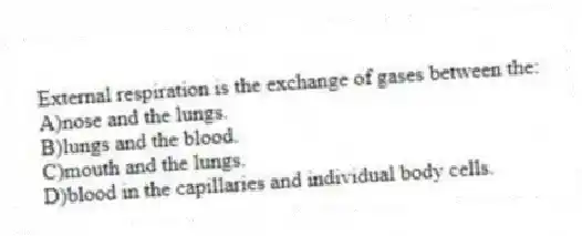 External respiration is the exchange of gases between the:
A)nose and the lungs.
B)lungs and the blood.
C)mouth and the lungs.
D)blood in the capillaries and individual body cells.