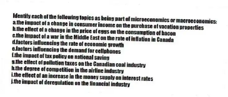 Identify each of the following topics as being part of microeconomics or macroeconomics:
a.the impact of a change in consumer income on the purchase of vacation properties
b.the effect of a change in the price of eggs on the consumption of bacon
c.the impact of a war in the Middle East on the rate of inflation in Canada
d.factors influencing the rate of economic growth
e.factors influencing the demand for cellphones
f.the impact of tax policy on national saving
g.the effect of pollution taxes on the Canadian coal industry
h.the degree of competition in the airline industry
i.the effect of an increase in the money supply on interest rates
j.the impact of deregulation on the financial industry