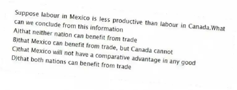 Suppose labour in Mexico is less productive than labour in Canada.What can we conclude from this information
A)that neither nation can benefit from trade
B)that Mexico can benefit from trade, but Canada cannot
C)that Mexico will not have a comparative advantage in any good
D)that both nations can benefit from trade
