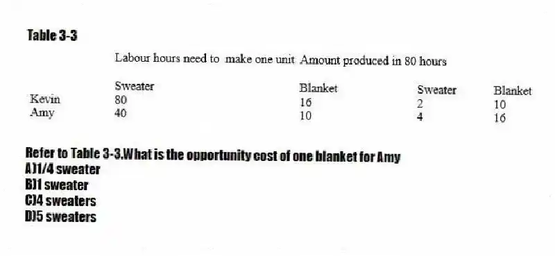 Table 3-3
-Refer to Table 3-3.What is the opportunity cost of one blanket for Amy
A)1/4 sweater
B)1 sweater
C)4 sweaters
D)5 sweaters