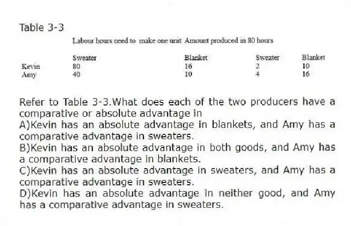 Table 3-3
-Refer to Table 3-3.What does each of the two producers have a comparative or absolute advantage in
A)Kevin has an absolute advantage in blankets, and Amy has a comparative advantage in sweaters.
B)Kevin has an absolute advantage in both goods, and Amy has a comparative advantage in blankets.
C)Kevin has an absolute advantage in sweaters, and Amy has a comparative advantage in sweaters.
D)Kevin has an absolute advantage in neither good, and Amy has a comparative advantage in sweaters.