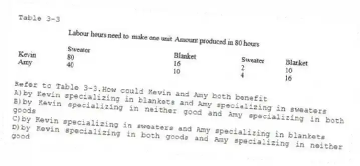 Table 3-3
-Refer to Table 3-3.How could Kevin and Amy both benefit
A)by Kevin specializing in blankets and Amy specializing in sweaters
B)by Kevin specializing in neither good and Amy specializing in both goods
C)by Kevin specializing in sweaters and Amy specializing in blankets
D)by Kevin specializing in both goods and Amy specializing in neither good